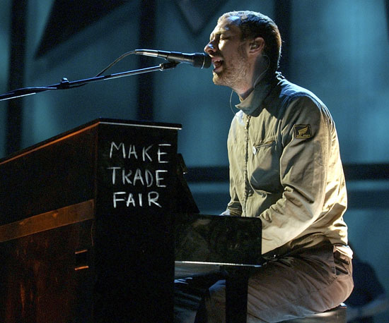 Chris Martin's piano spread his fair trade message during a performance in 2003.
Chris Martin's piano spread his fair trade message during a performance in 2003.