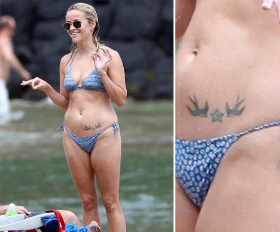 Reese Witherspoon showed off her hip tattoo, a star with blue swallows on either side, during a Hawaiian vacation in 2011.
Reese Witherspoon showed off her hip tattoo, a star with blue swallows on either side, during a Hawaiian vacation in 2011.