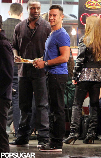 Joseph Gordon-Levitt gave the camera a smile while shooting a scene in Hollywood. Joseph Gordon-Levitt gave the camera a smile while shooting a scene in Hollywood.