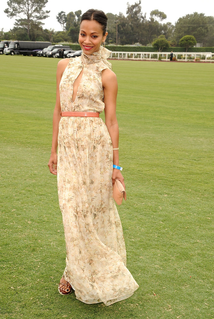 For a 2011 Santa Barbara polo match, Zoe Saldana chose a high-neck floral Chloé dress, Valentino heels, and a Lanvin clutch.
For a 2011 Santa Barbara polo match, Zoe Saldana chose a high-neck floral Chloé dress, Valentino heels, and a Lanvin clutch.