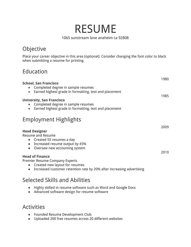 Basic outline for a resume