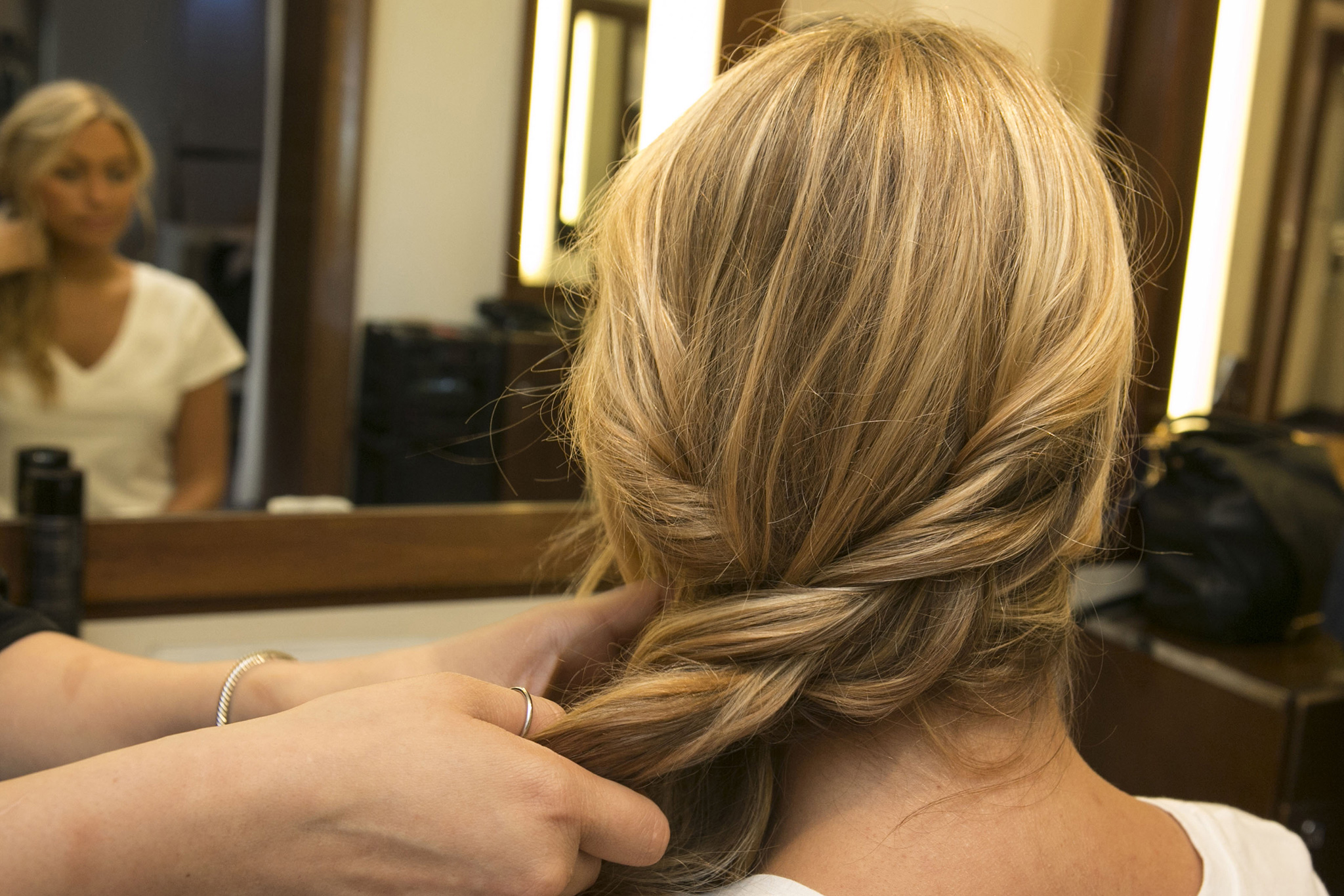 Guillen created a loose, insideout braid (meaning she braided each