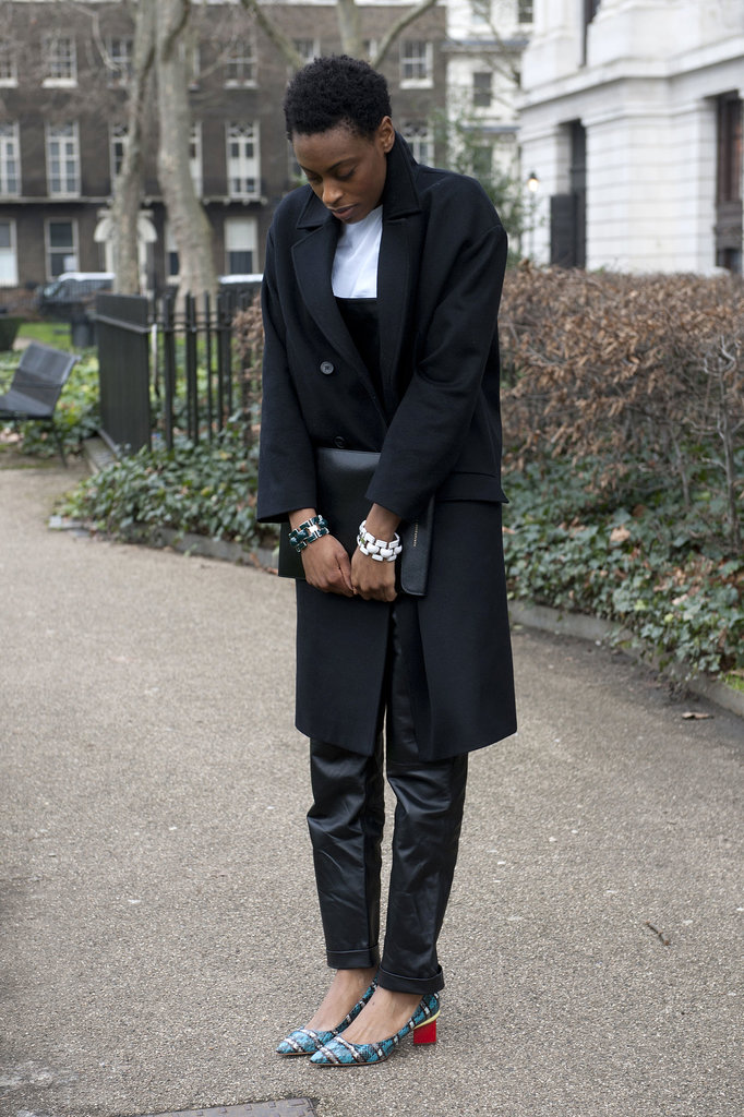 Leather pants are totally office-appropriate with chic low heels and a smart overcoat.
Leather pants are totally office-appropriate with chic low heels and a smart overcoat.