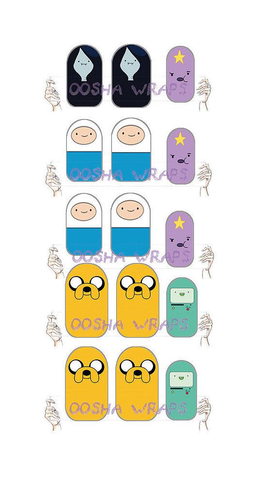 Finn, Jake, BMO, and the gang are all present in the Adventure Time Nail Wrap ($6 for 15).
Finn, Jake, BMO, and the gang are all present in the Adventure Time Nail Wrap ($6 for 15).