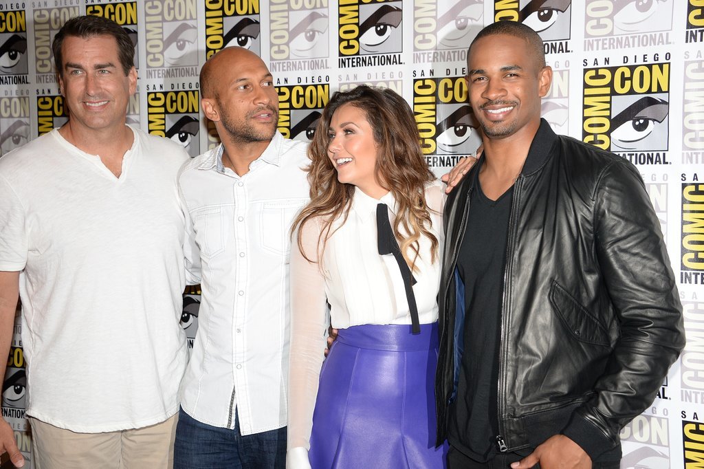 Rob Riggle, Keegan Michael Key, Nina Dobrev, and Damon Wayans Jr. huddled on the red carpet at the Let's Be Cops event.
Rob Riggle, Keegan Michael Key, Nina Dobrev, and Damon Wayans Jr. huddled on the red carpet at the Let's Be Cops event.
