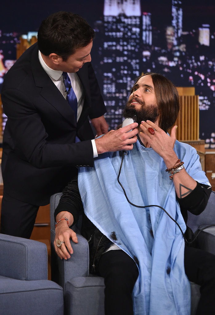 Jared Leto let Jimmy Fallon shave his beard on The Tonight Show in NYC on Wednesday.
Jared Leto let Jimmy Fallon shave his beard on The Tonight Show in NYC on Wednesday.
