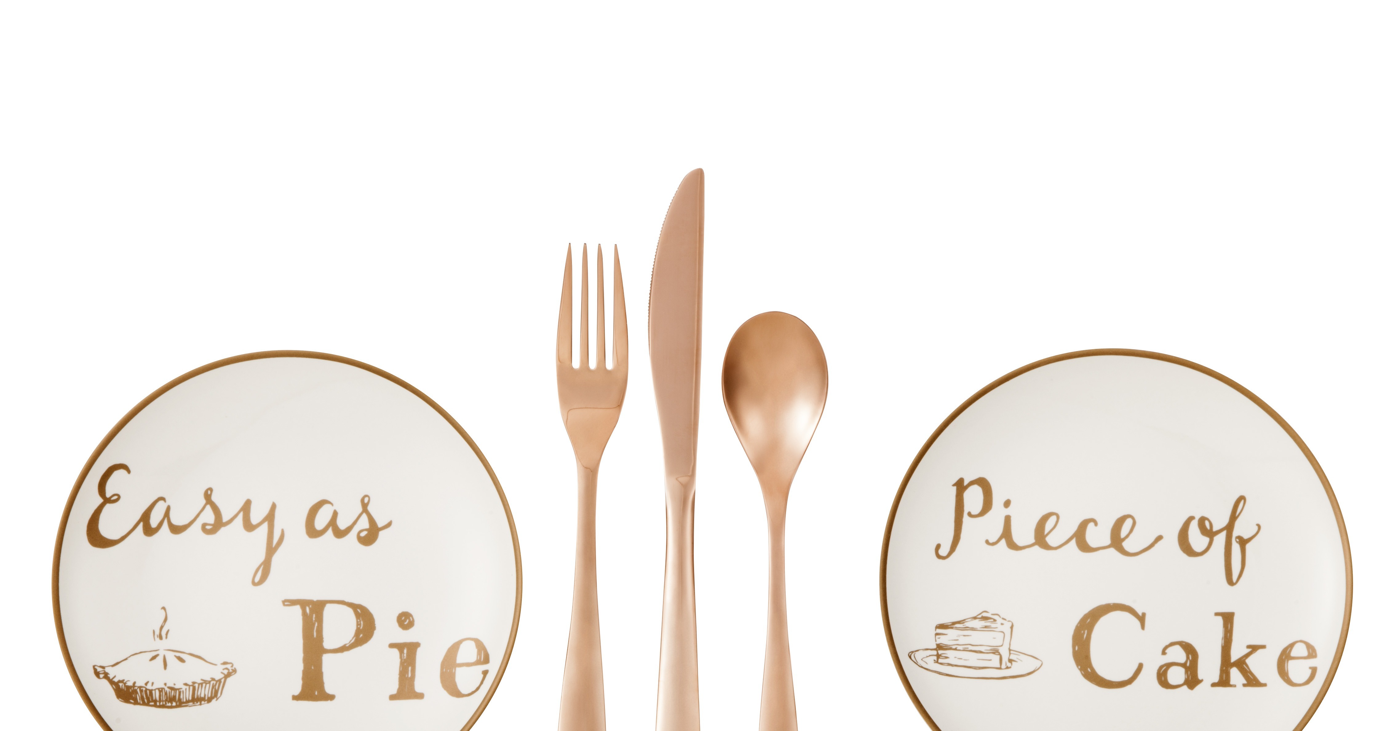 Appetizer plates (4) and rosegold flatware (7 for a set of three