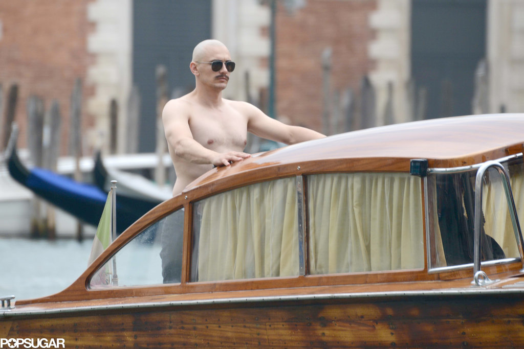 Yes, That Is a Bald and Shirtless James Franco Riding a Boat Yes, That Is a Bald and Shirtless James Franco Riding a Boat