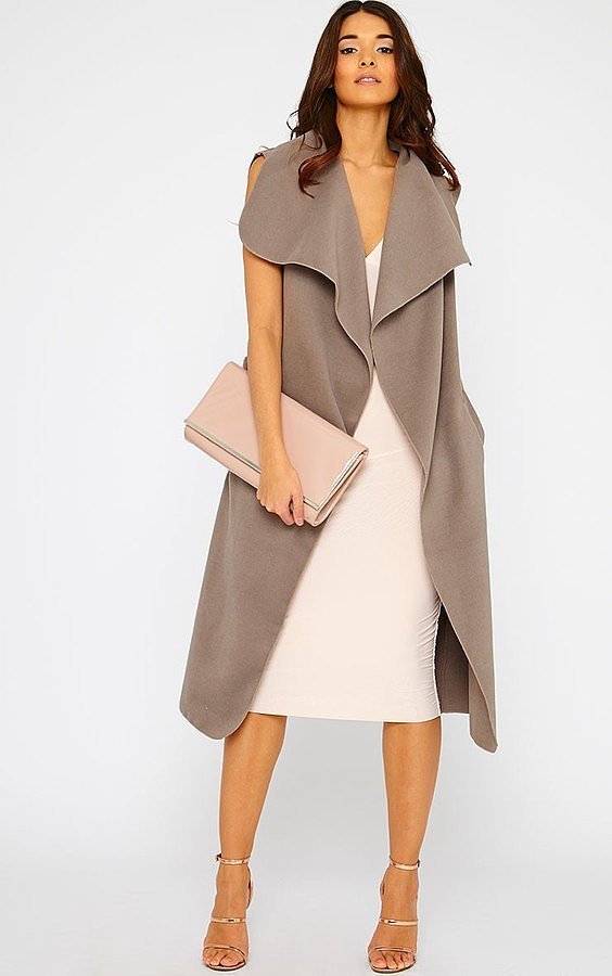 PrettyLittleThing Valerie dark khaki sleeveless waterfall coat (£20)
