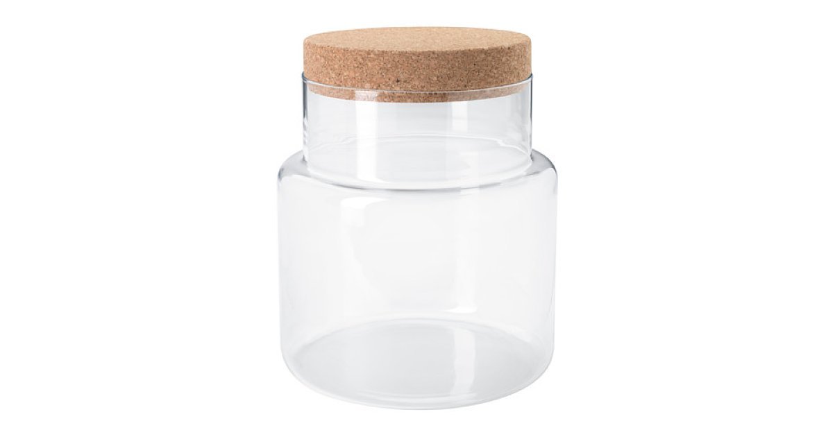 In two sizes, these simple glass jars (30) with cork lids, designed