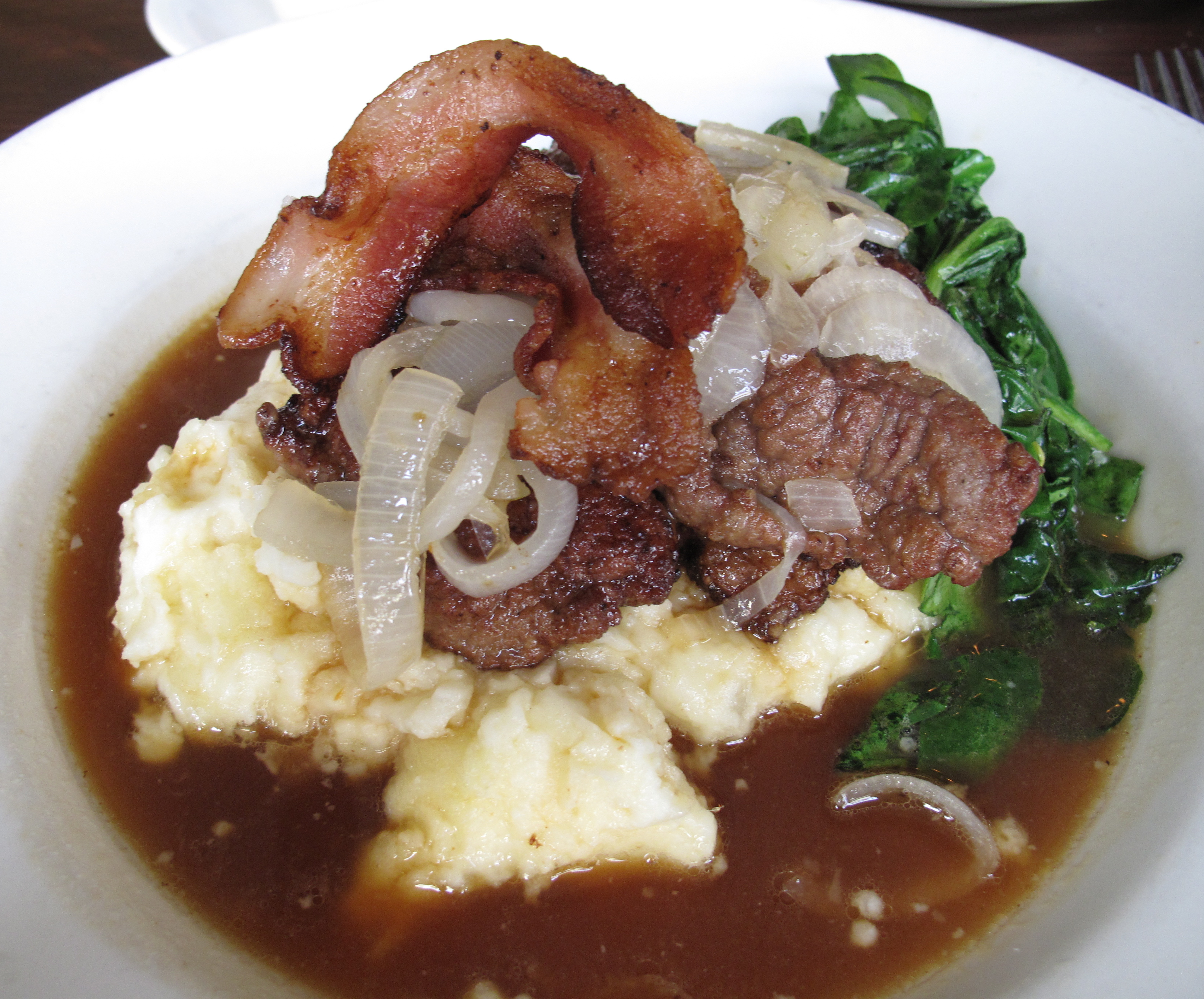 Calf's Liver and Bacon, Spinach, Mashed Potatoes, and Onion Gravy A