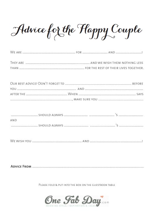 Advice For the Happy Couple | 14 Free, Fun, and Printable Wedding Mad ...