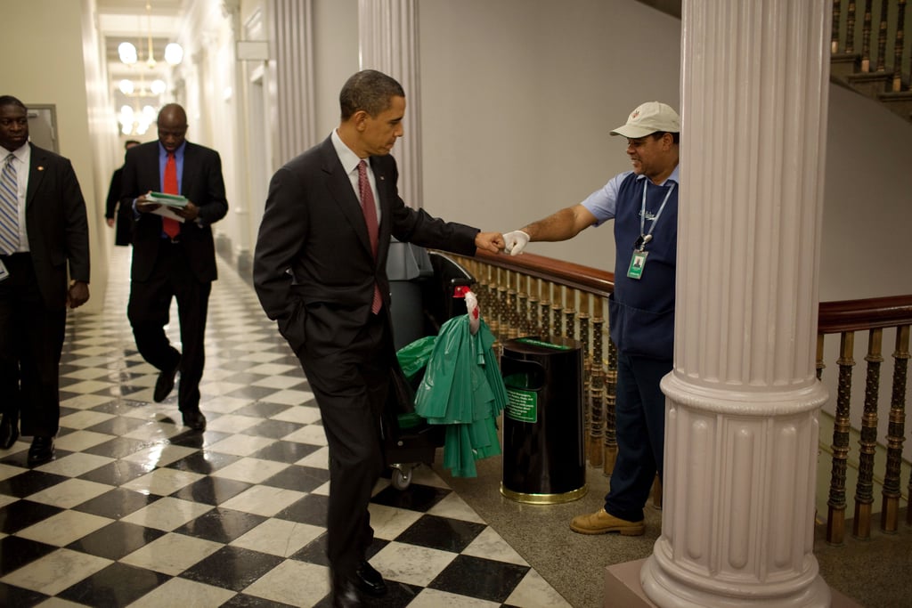When he fist-bumped a custodian at a US government building after a forum on the economy