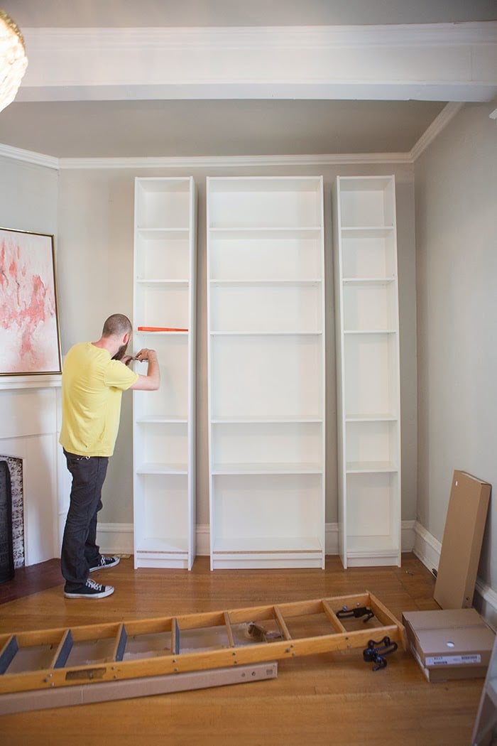 Ikea Billy Bookcases (4060) of various sizes are assembled The