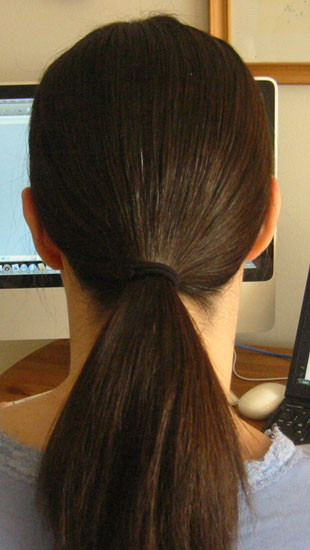 Create a low ponytail. Create a low ponytail.