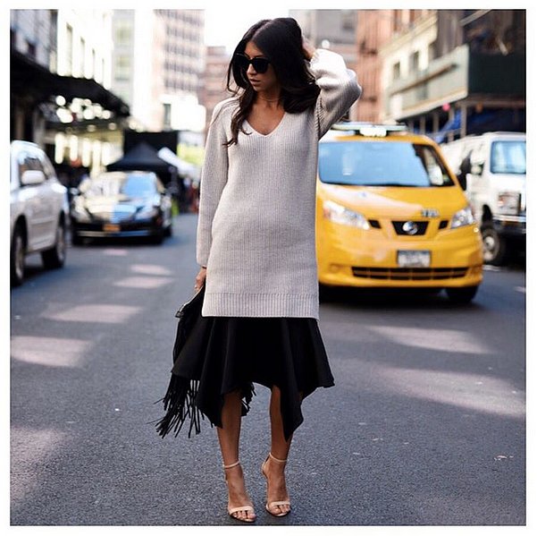 A Long Sweater Over an Asymmetrical Dress and Ankle-Strap Heels | The ...