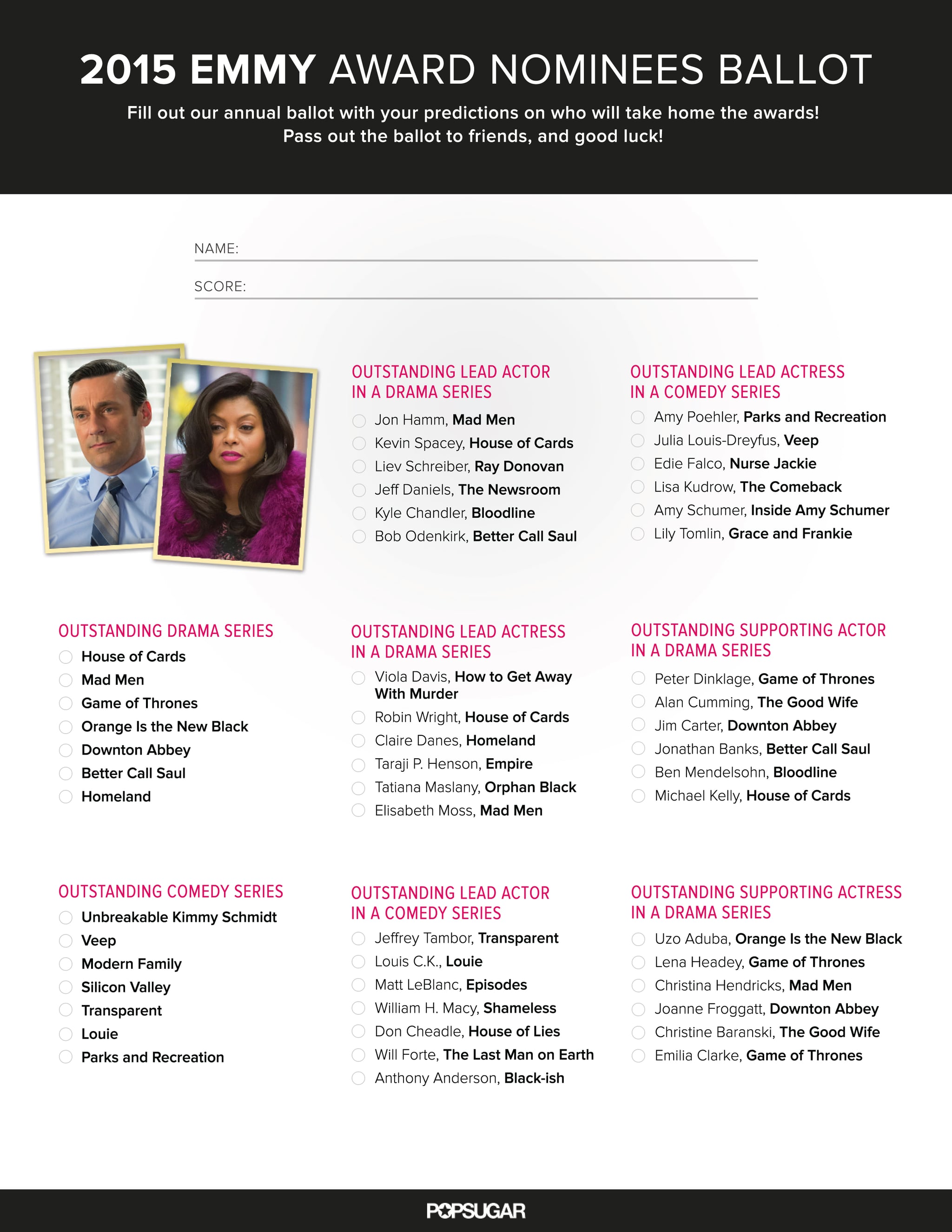 Printable Emmys Ballot 2015 | POPSUGAR Entertainment