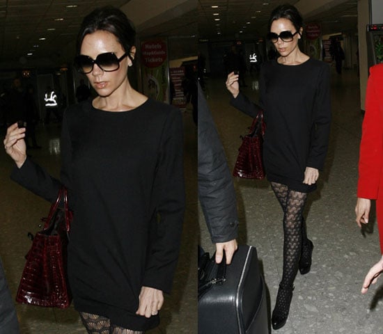 Victoria Beckham at Airport Wearing Black Sweater Dress, Patterned ...